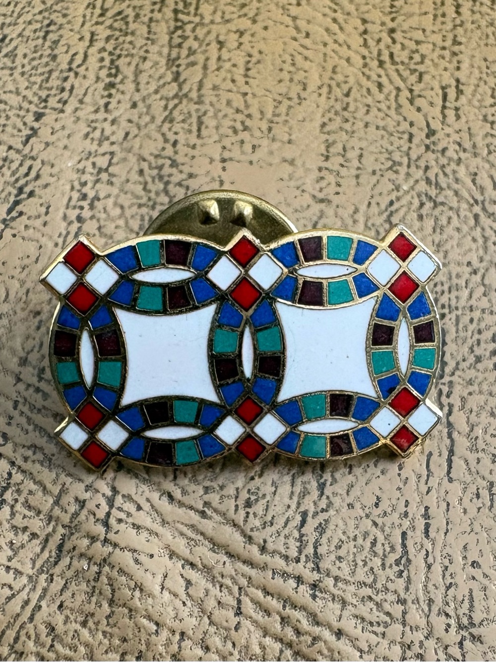 Enamel Mosaic Quilt Double-Link Brooch in White, Blue, Teal and Red